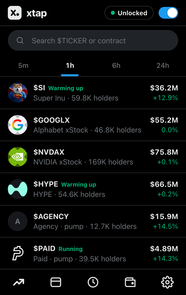 The xtap popup listing coins trending on Solana